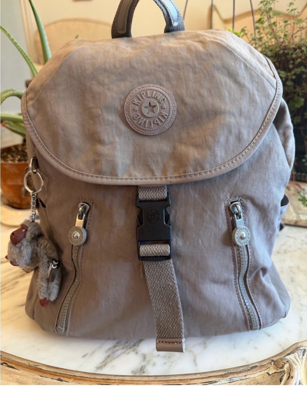 Kipling Taupe Nylon Backpack with Monkey Keychain